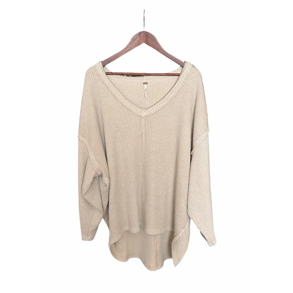 Free People Oversized V Neck Long Sleeve Top Ribbed Oatmeal Beige Oversized